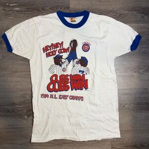 Vintage 1984 Chicago Cubs Hey Hey Holy Cow Ringer T-Shirt Signal Mens Medium USA